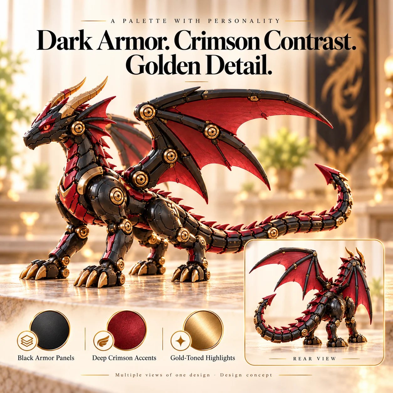 Black crimson and gold mechanical dragon