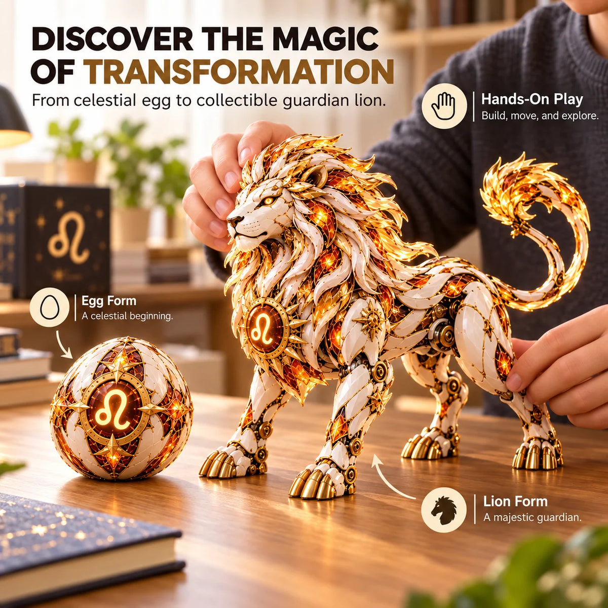 Leo celestial guardian in a home tabletop setting