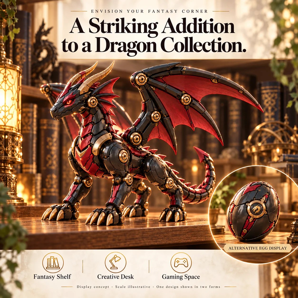 Mechanical dragon displayed on fantasy collector shelf