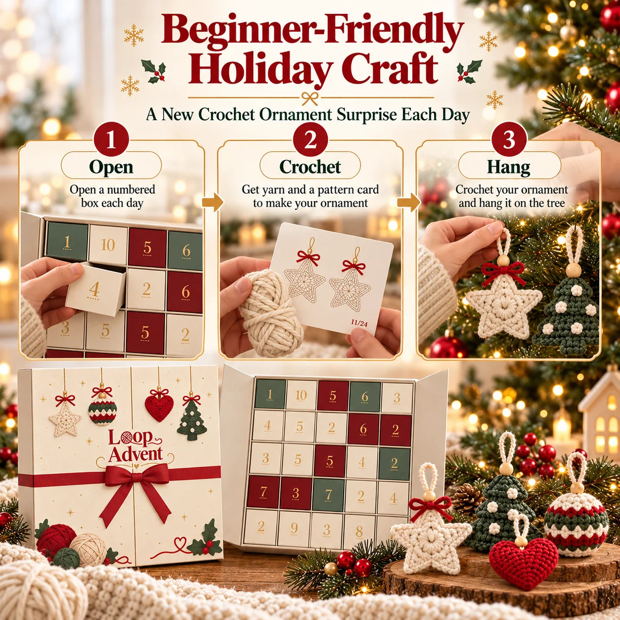 Three illustrated steps for Advent crochet ornaments: open the box, crochet with yarn and pattern, hang the decoration