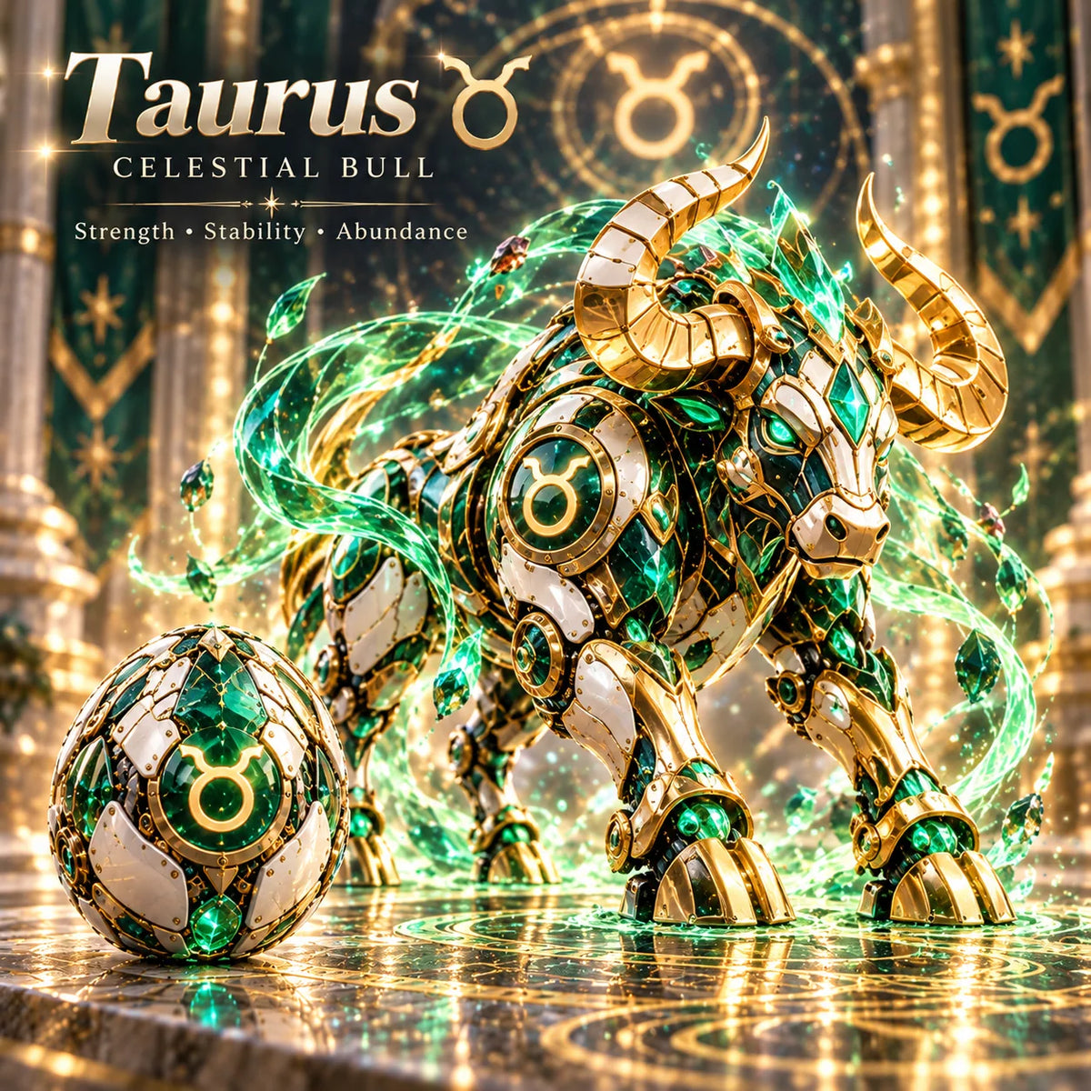 Taurus green and gold mechanical bull and egg