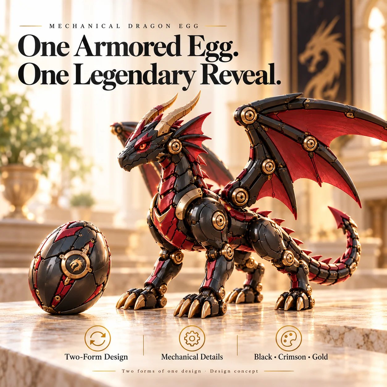 Mechanical dragon egg and black crimson winged dragon