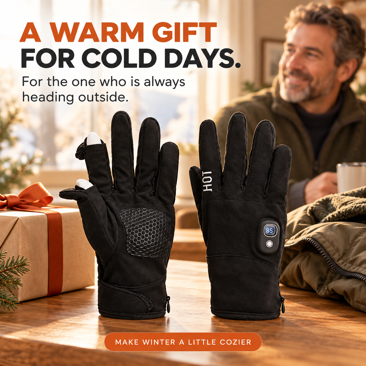 Black heated gloves styled as a practical gift for cold days