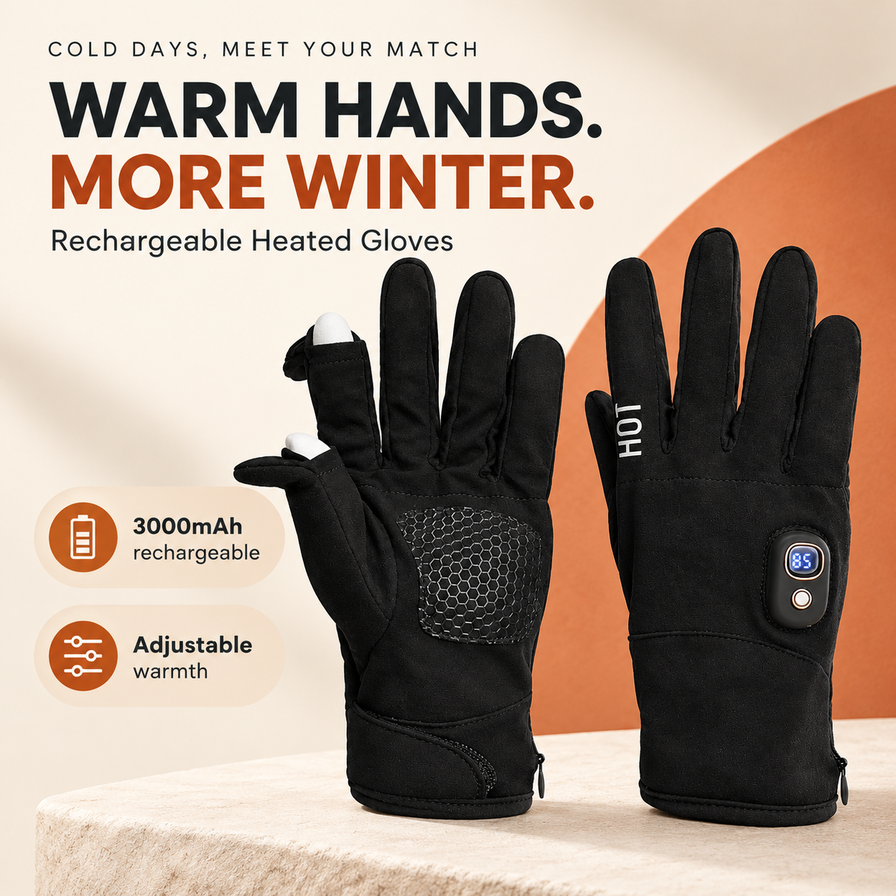 Black rechargeable heated gloves with digital display and flip-open fingertips