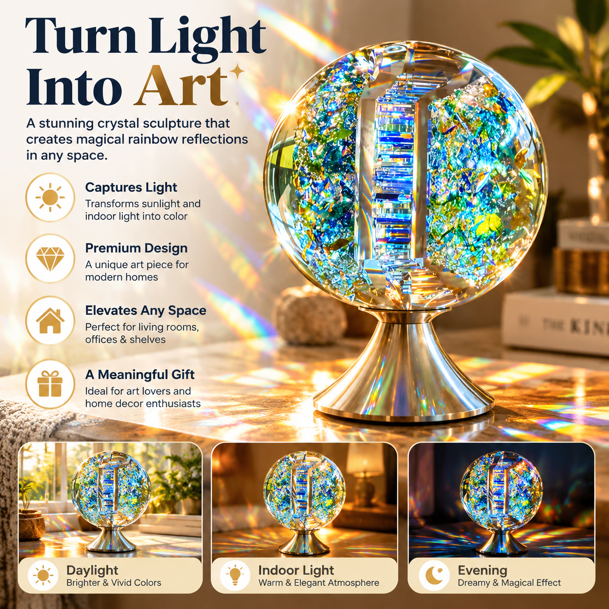 Rainbow optical glass sculpture from different viewing angles