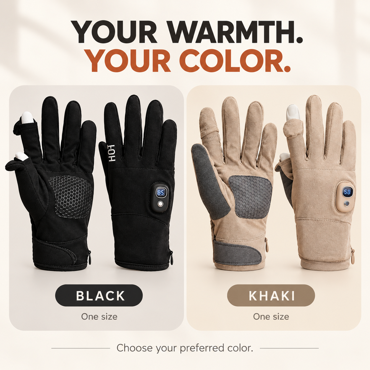 Black and khaki heated gloves, both offered in one size