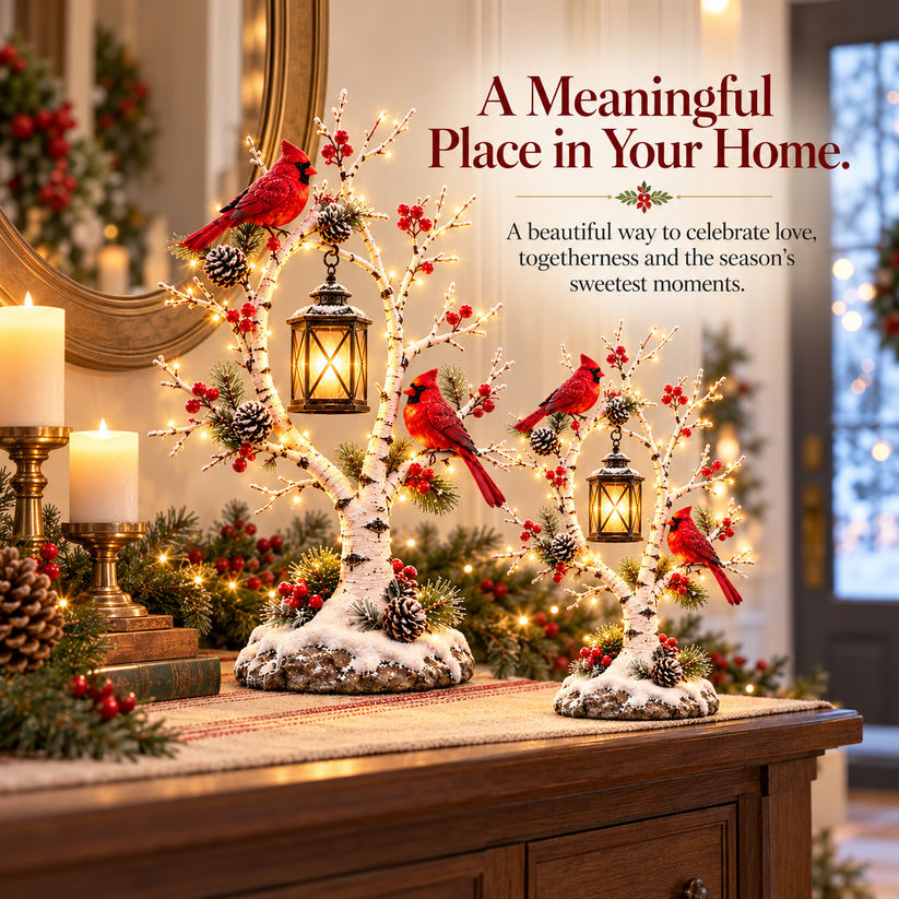 Cardinal winter lantern tree displayed beside beautifully wrapped holiday gifts