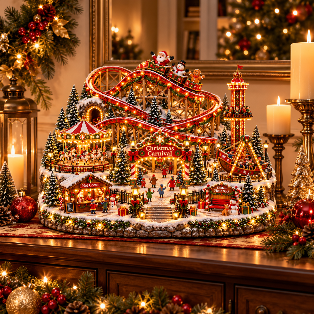 The illuminated Christmas Carnival displayed on a wooden sideboard with festive greenery and holiday decorations