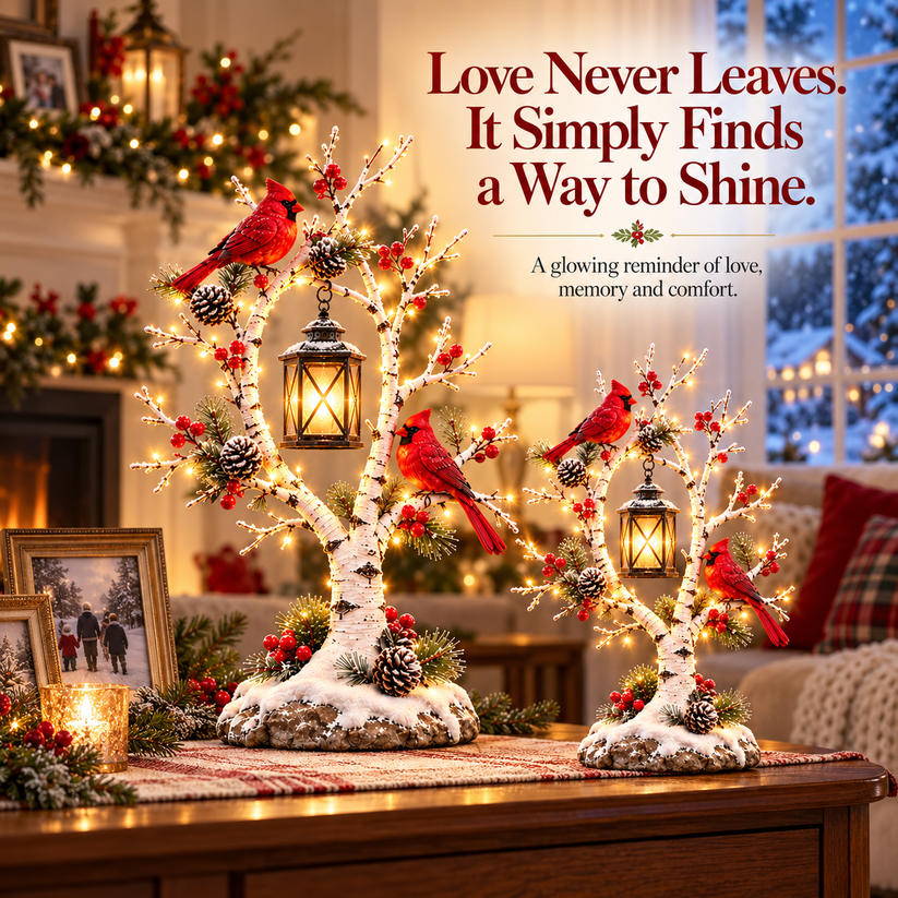 Illuminated snowy cardinal lantern tree glowing in a softly lit winter evening room