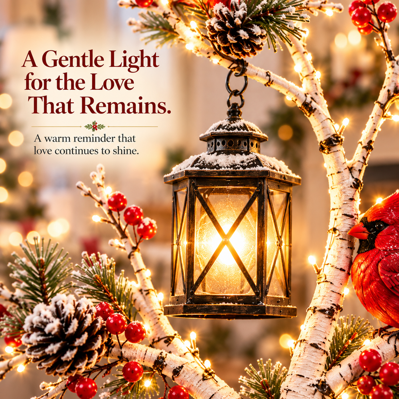 Woman placing the illuminated cardinal lantern tree on a wooden console in a cozy home