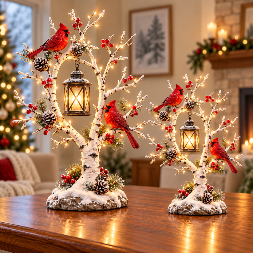Large and small illuminated snowy birch trees with two red cardinals and vintage hanging lanterns