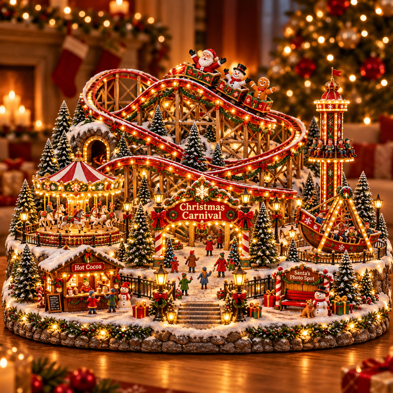 Santa's Merry Christmas Carnival with a festive roller coaster, carousel, drop tower and ship ride glowing in a Christmas living room