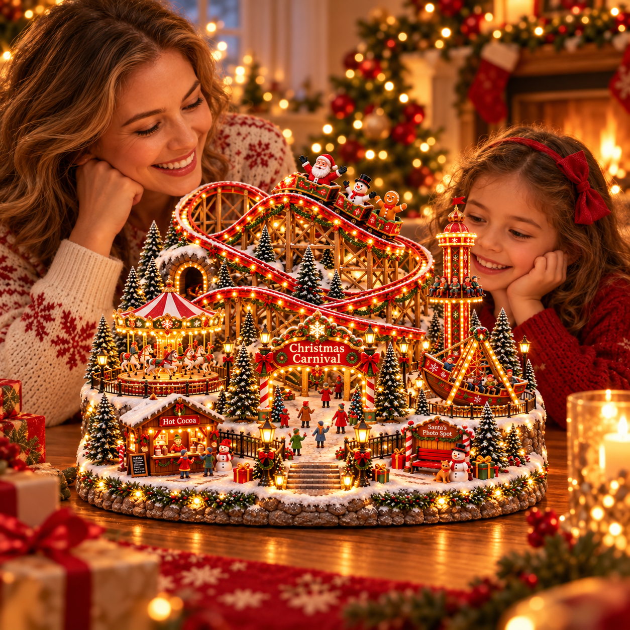 A mother and daughter smiling as they admire the illuminated Christmas Carnival tabletop display