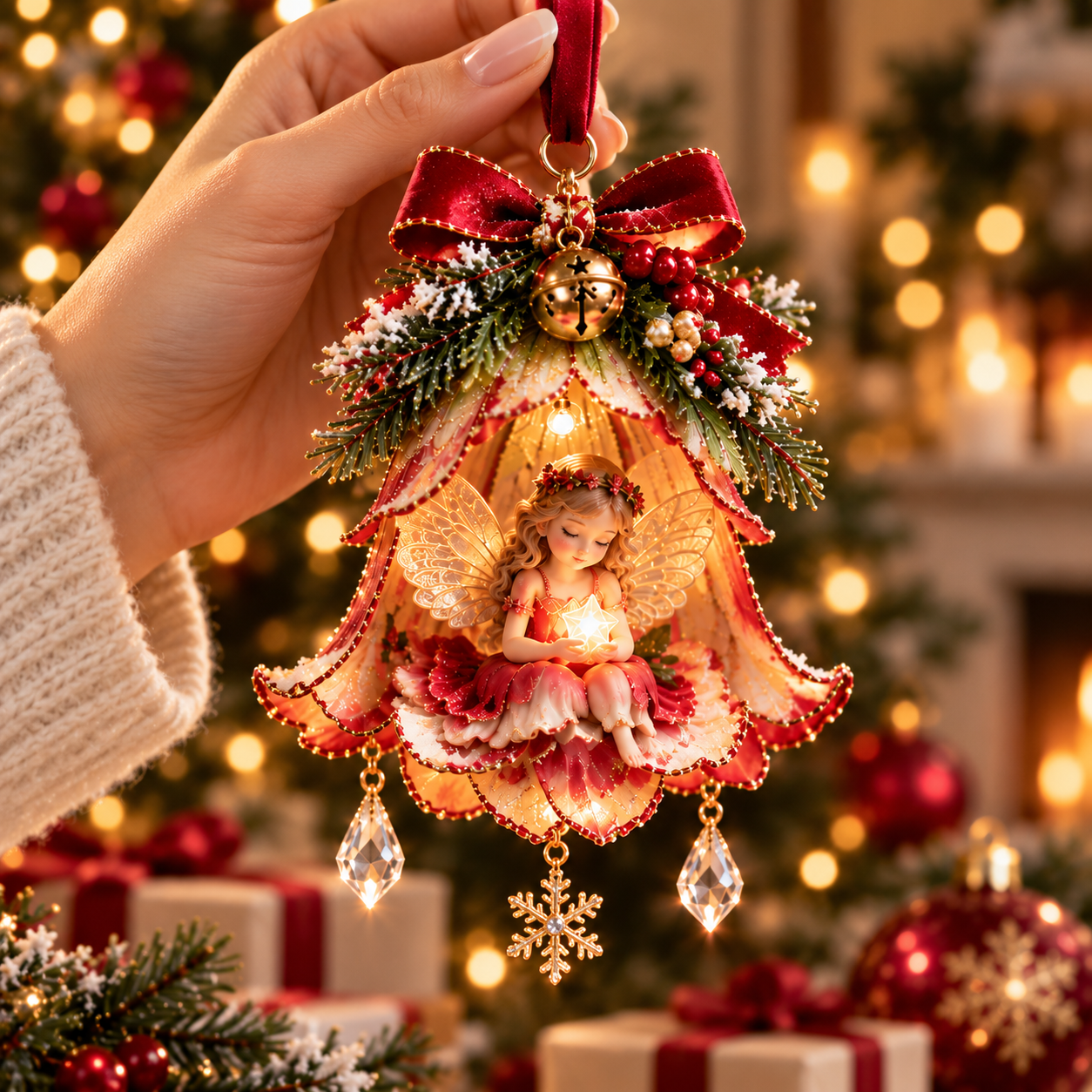 Enchanted Fairy Bell Ornament held in hand for scale