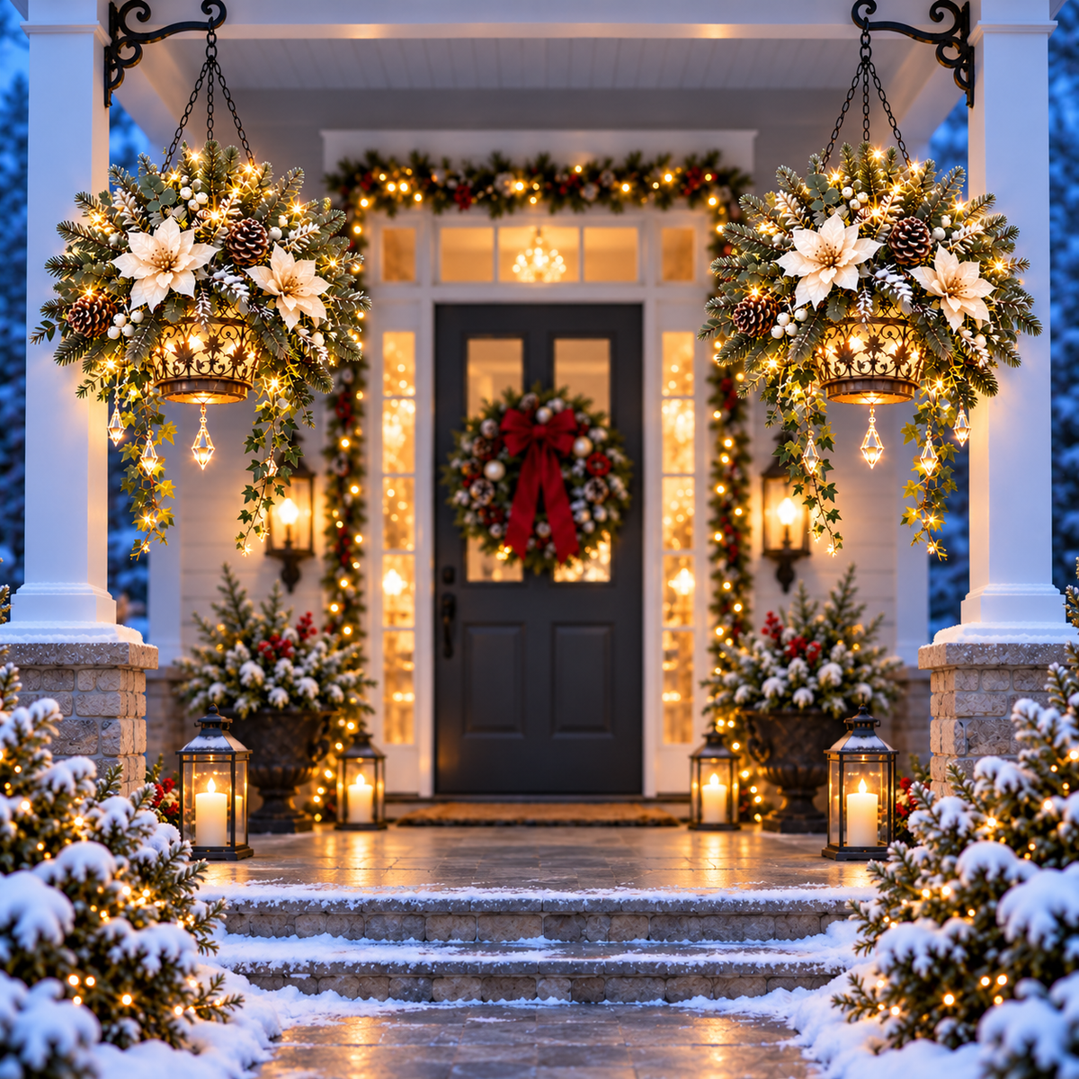 Winter Bloom Glow pair on snowy Christmas porch