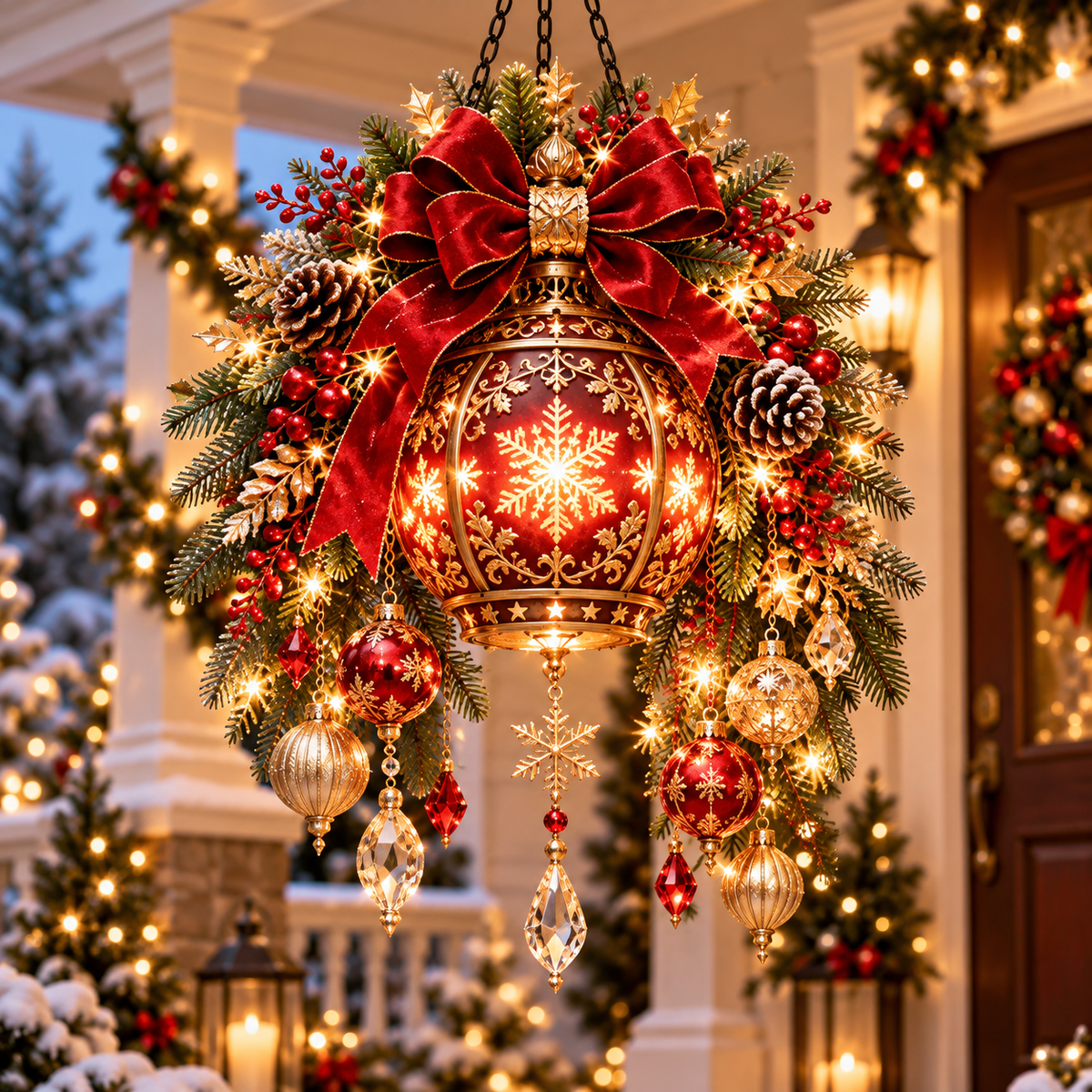 Red and gold illuminated Christmas lantern hanging