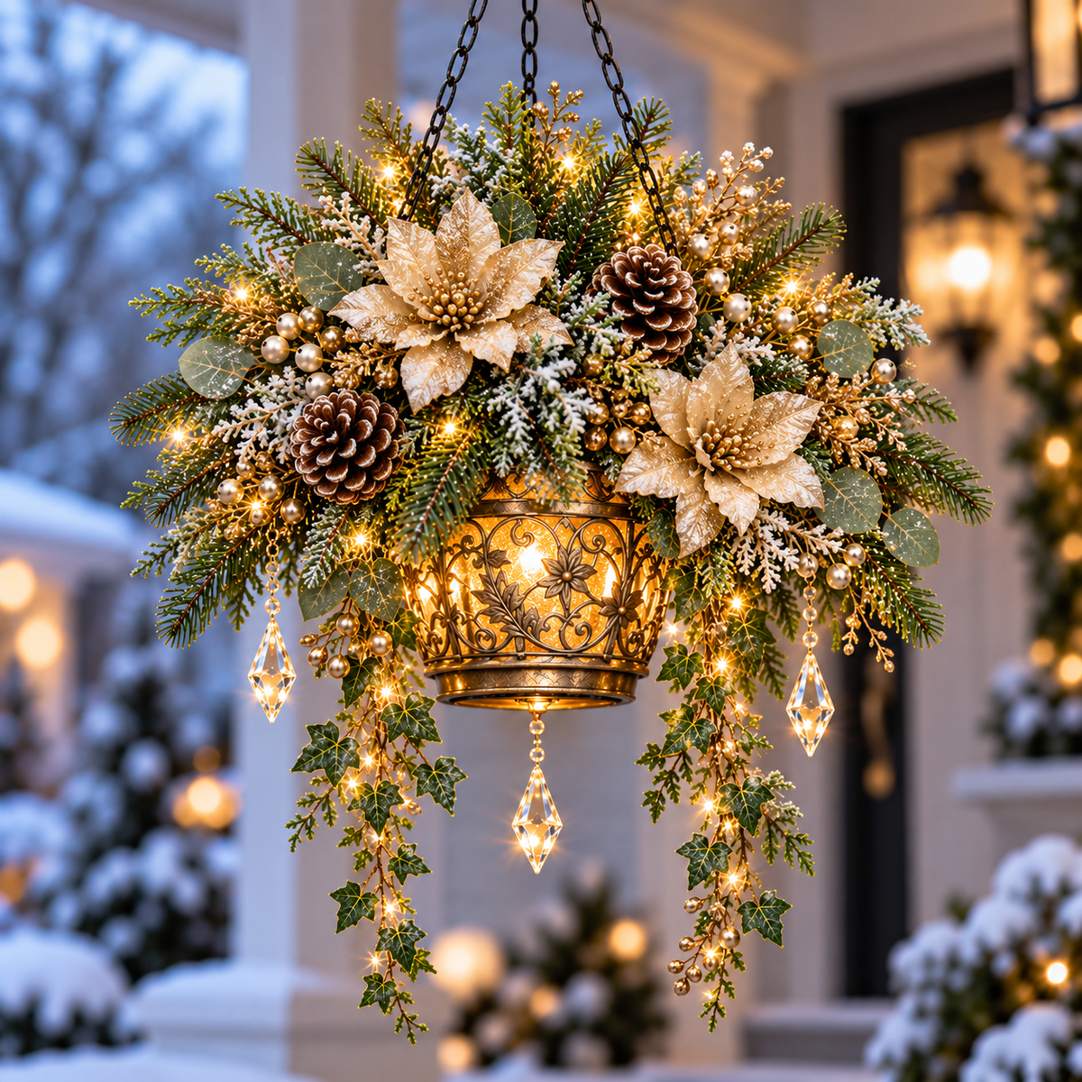 Decorative illuminated Winter Bloom Glow hanging arrangement