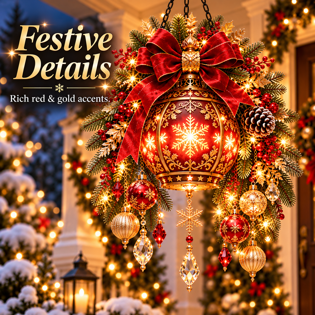 Detailed red gold Christmas lantern with greenery and ornaments
