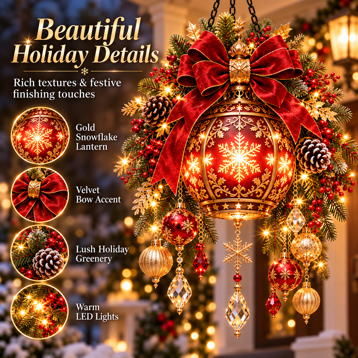 Christmas lantern glowing warmly after dark