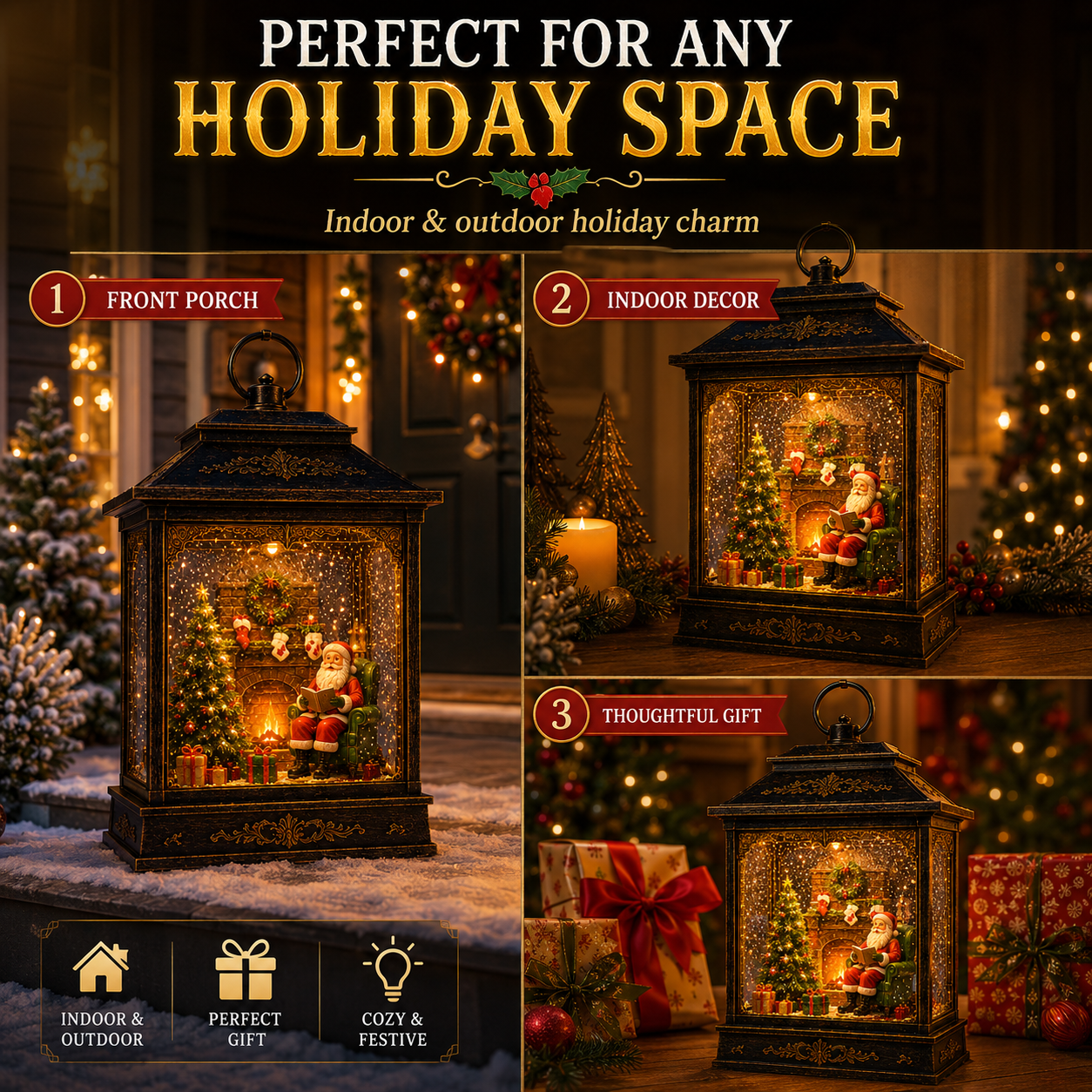 Christmas lantern displayed in warm holiday home