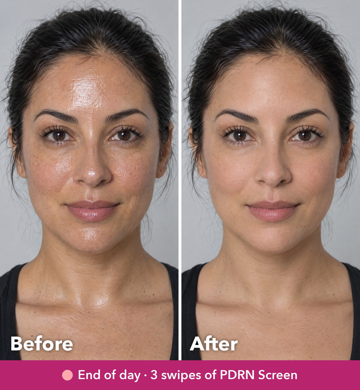 Before and after: oily shine at the end of the day, then a soft matte finish after PDRN Screen