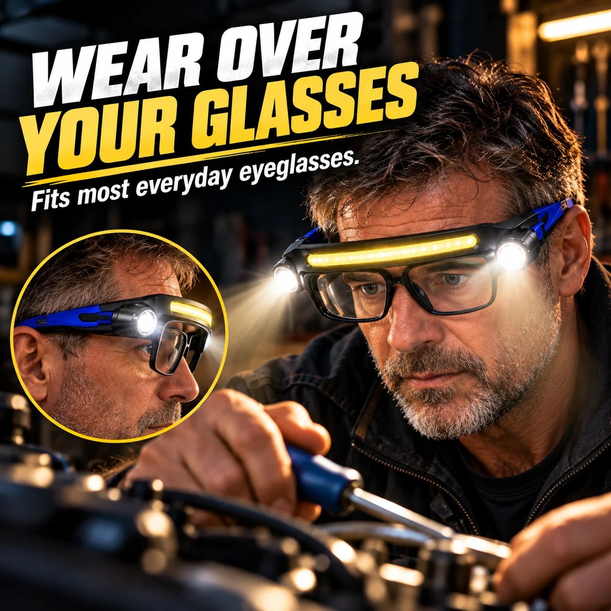 LED light glasses worn over everyday eyeglasses