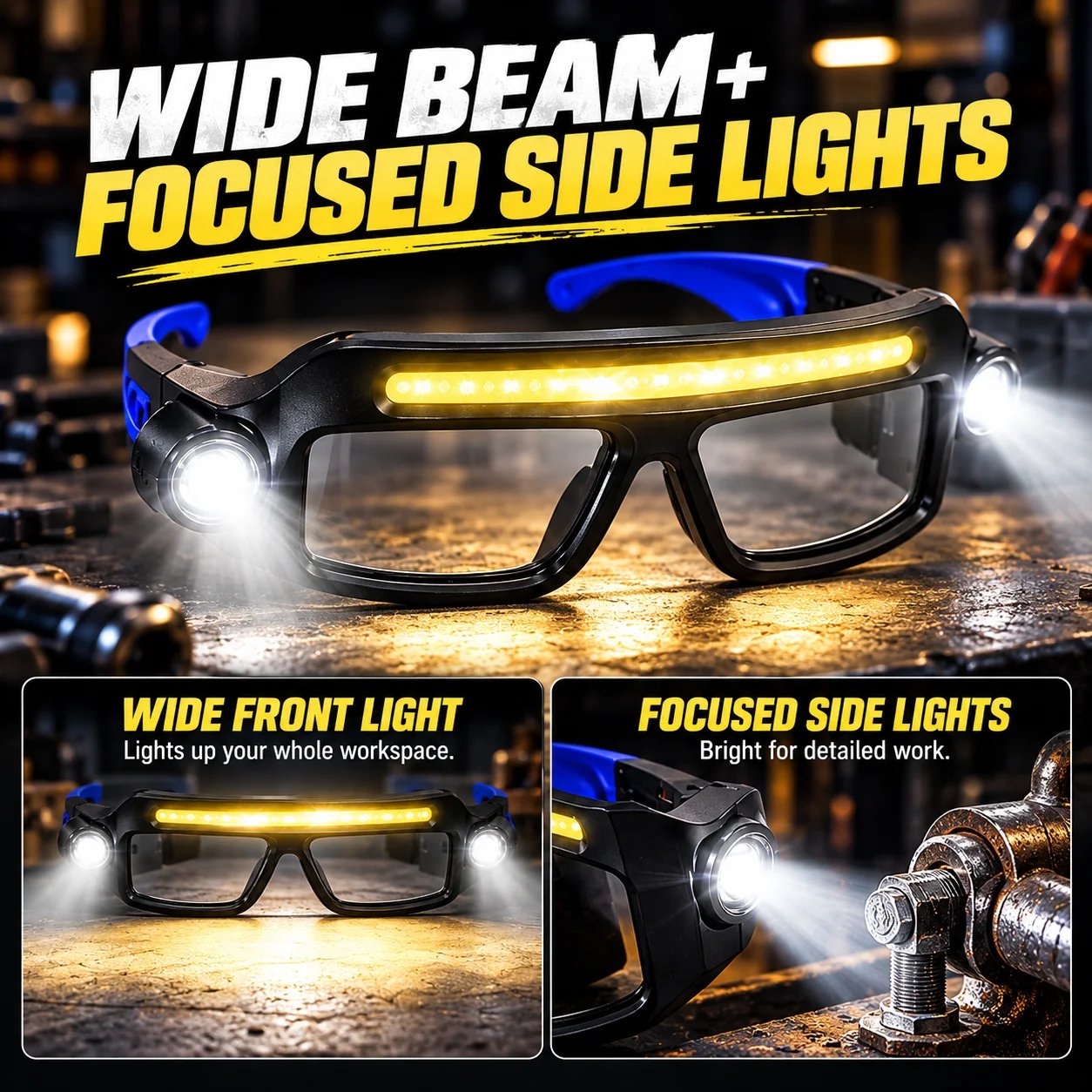 Wide front illumination and focused side beams